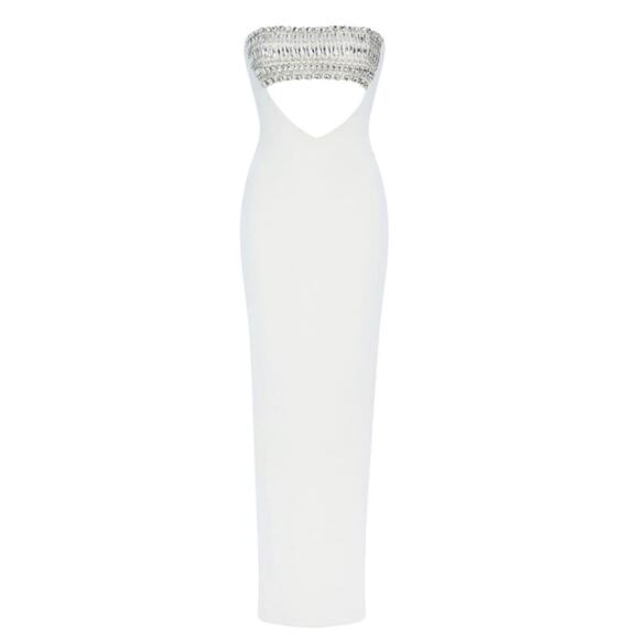 Retrofete Swan Crystal Embellished Cutout Strapless White Maxi Dress Size Large - Picture 4 of 10